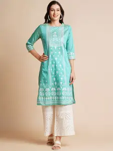 RATAN Floral Printed Sequinned Chanderi Silk Straight Kurta