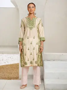 HOUSE OF KARI Floral Embroidered Chikankari Chanderi Silk Straight Kurta