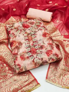 Ishin Floral Embroidered Beads and Stones Detail Organza Unstitched Dress Material