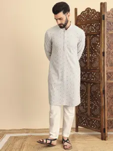 House of Pataudi Floral Embroidered Mandarin Collar Straight Kurta