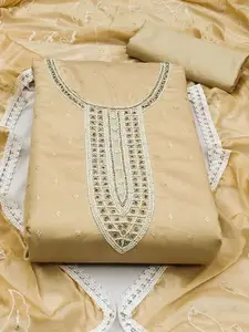 Ishin Beige Floral Embroidered Beads and Stones Unstitched Dress Material