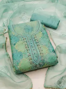Ishin Green & Blue Embroidered Sequinned Organza Unstitched Dress Material