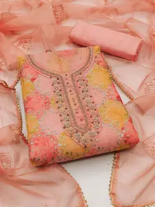 Ishin Floral Embroidered Beads and Stones Detail Organza Unstitched Dress Material