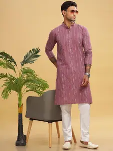 Anouk Pink Embroidered Band Collar Thread Work Cotton Straight Kurta