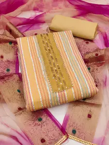 Ishin Striped Printed Beads and Stones Detail Unstitched Dress Material