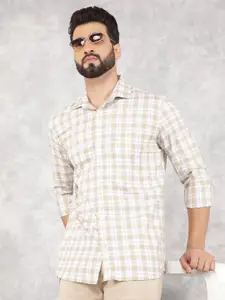 Crimsoune Club Men Smart Spread Collar Tartan Checked Cotton Slim Fit Casual Shirt