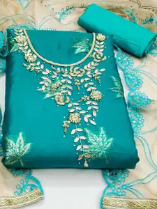 Ishin Teal Blue Embroidered Beads and Stones Organza Unstitched Dress Material