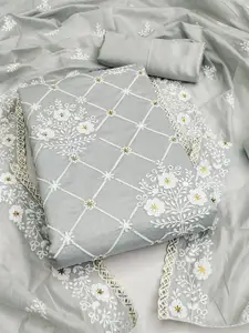 Ishin Floral Embroidered Beads and Stones Detail Cotton Unstitched Dress Material