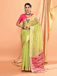 elora Woven Design Printed Zari Pure Linen Ikat Saree