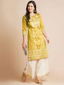 RATAN Floral Printed Round Neck Chanderi Silk Straight Kurta