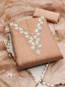 Ishin Peach-Coloured Floral Embroidered Beads and Stones Unstitched Dress Material