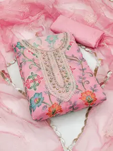 Ishin Floral Embroidered Beads and Stones Detail Organza Unstitched Dress Material