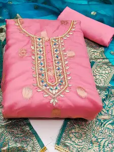 Ishin Pink Ethnic Motifs Woven Design Beads and Stones Organza Unstitched Dress Material