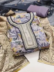 Ishin Floral Embroidered Beads and Stones Organza Unstitched Dress Material