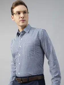 English Navy Men Spread Collar Gingham Checked Wrinkle Ressistant Slim Fit Formal Shirt