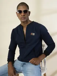 Rigo Men Navy Blue Solid Mock Collar Sweatshirt