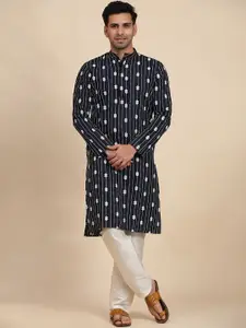 Rawayi Geometric Embroidered Sequinned Mandarin Collar Cotton Straight Kurta