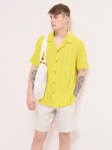 THE BEAR HOUSE Men Cuban Collar Vertical Striped Casual Shirt