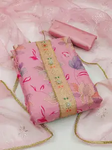 Ishin Pink & Gold-Toned Floral Printed Organza Unstitched Dress Material