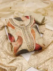 Ishin Beige & Green Embroidered Organza Unstitched Dress Material