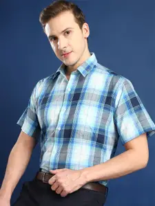 Hancock Men Standard Spread Collar Windowpane Checked Cotton Slim Fit Formal Shirt