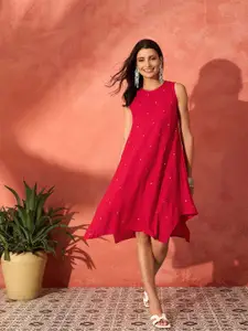 InWeave Women Round Neck Mirror Work A-Line Dress