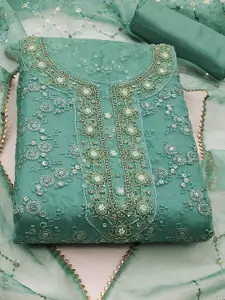 Ishin Floral Embroidered Beads & Stones Organza Unstitched Dress Material