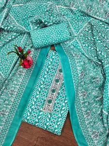 Ishin Sea Green Floral Printed Pure Cotton Unstitched Dress Material