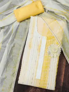 Ishin Yellow & White Striped Embroidered Sequinned Unstitched Dress Material