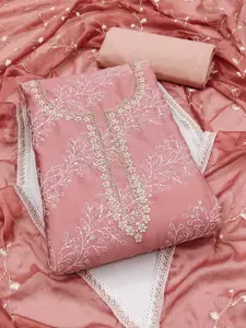 Ishin Peach-coloured and white Embroidered Pure Cotton Unstitched Dress Material