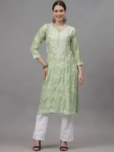 Seva Chikan Ethnic Motifs Embroidered Chikankari Chanderi Silk Straight Kurta