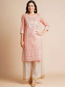 RATAN Floral Printed Sequinned Chanderi Silk Straight Kurta