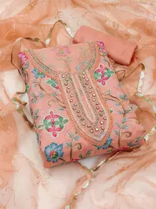 Ishin Ethnic Motifs Embroidered Beads and Stones Organza Unstitched Dress Material