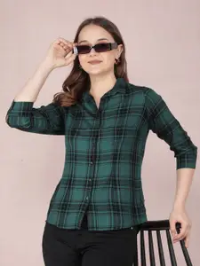 Crimsoune Club Women Smart Spread Collar Tartan Checked Cotton Slim Fit Casual Shirt