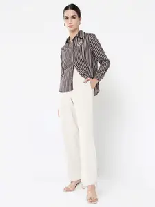 RAREISM Women Comfort Spread Collar Vertical Striped Cotton Casual Shirt