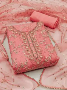 Ishin Peach-Coloured Embroidered Organza Unstitched Dress Material