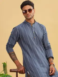 Anouk Blue Striped Band Collar Cotton Straight Kurta
