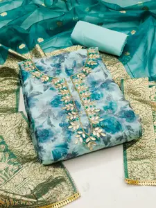 Ishin Blue Floral Embroidered Beads and Stones Organza Unstitched Dress Material