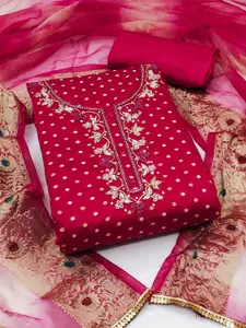 Ishin Pink & Gold-Toned Ethnic Motifs Woven Design Unstitched Dress Material