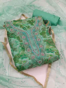 Ishin Floral Embroidered Beads and Stones Detail Organza Unstitched Dress Material