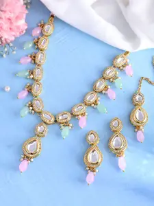 PYR FASHION Gold-Plated Stone-Studded & Beaded Necklace and Earrings With Maang Tika