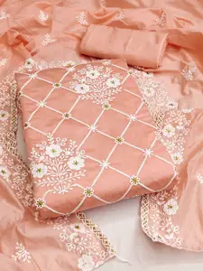 Ishin Peach-Coloured & White Floral Embroidered Unstitched Dress Material