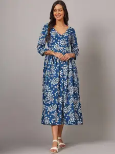 DHAKRE FASHION Floral Printed V-Neck Thread Work Silk A-line Ethnic Dresses