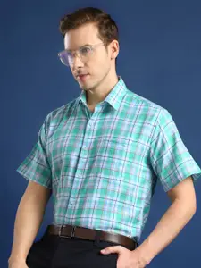 Hancock Men Standard Spread Collar Windowpane Checked Cotton Slim Fit Formal Shirt