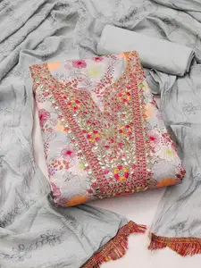 Ishin Grey & Pink Floral Printed Unstitched Dress Material