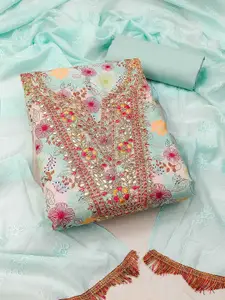 Ishin Blue & Pink Floral Printed Organza Unstitched Dress Material