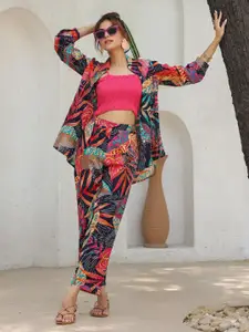 Rain & Rainbow Printed Shoulder Straps Smocked Pure Cotton Crop Top With Trouser & Shirt