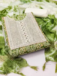 Ishin Green Ethnic Motifs Embroidered Sequined Pure Cotton Unstitched Dress Material