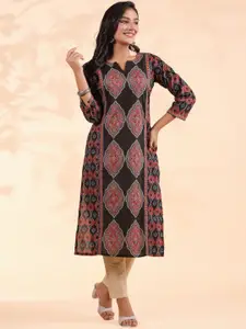 Vbuyz Black Floral Printed Sequinned Notched Round Neck Cotton Straight Kurta
