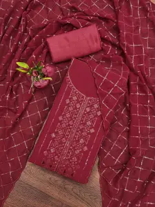 Ishin Red Striped Embroidered Silk Georgette Unstitched Dress Material